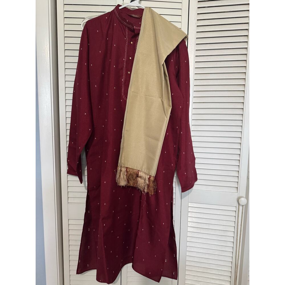 Men's Indian Red Wine Salwar Top W/ Dupatta ~L / XL